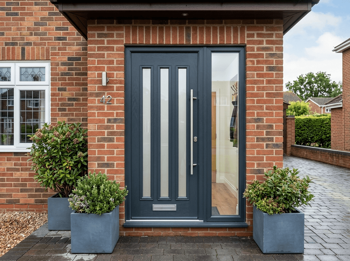 Dark anthracite composite front door with a vertical glazed side panel