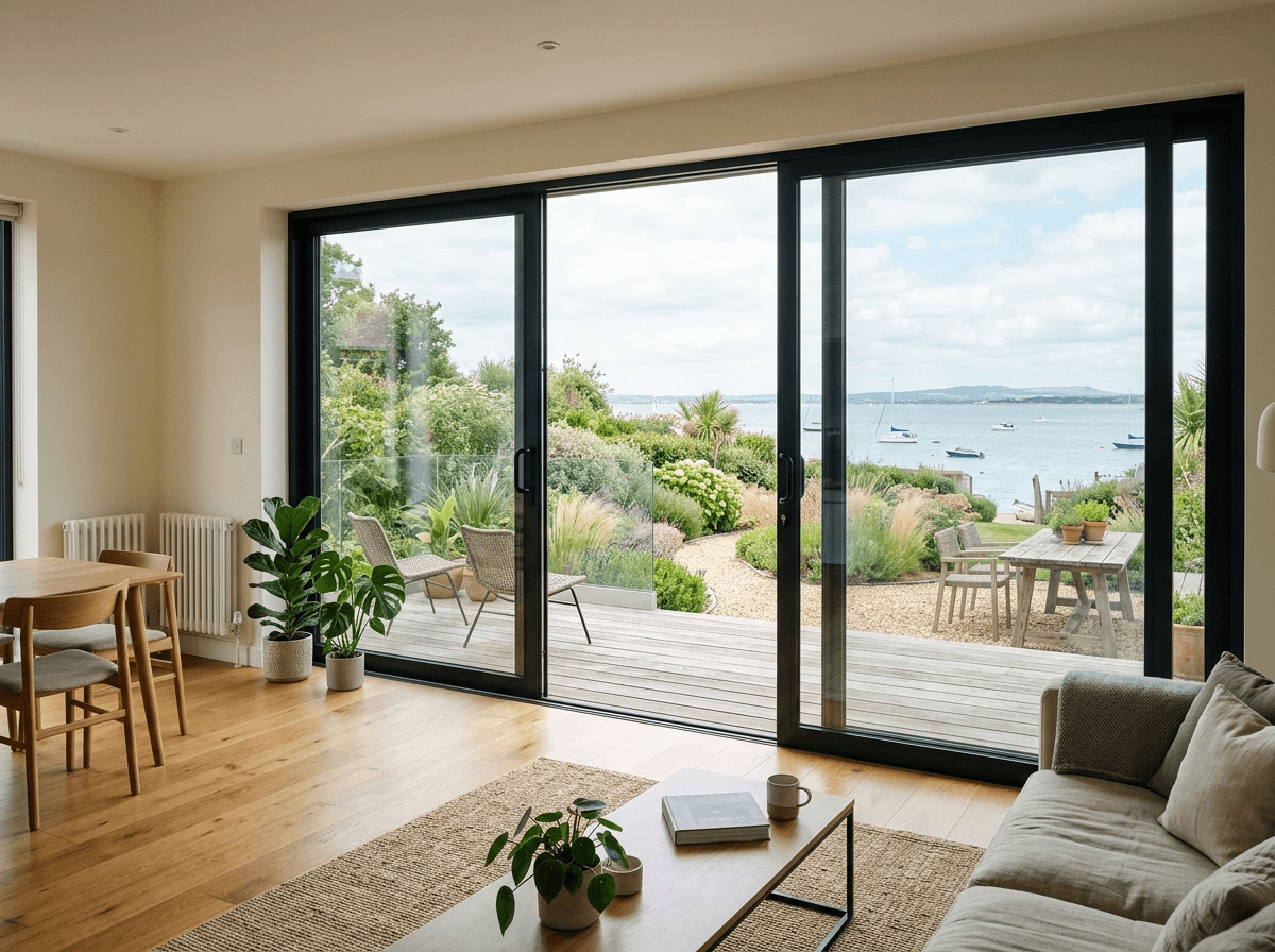 Sliding patio doors opening onto a coastal terrace