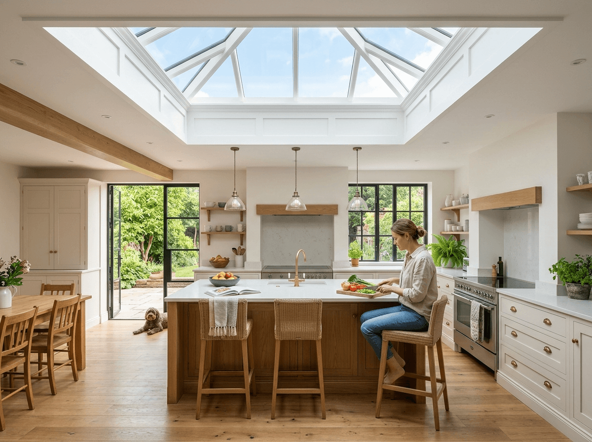uPVC roof lantern above a kitchen island