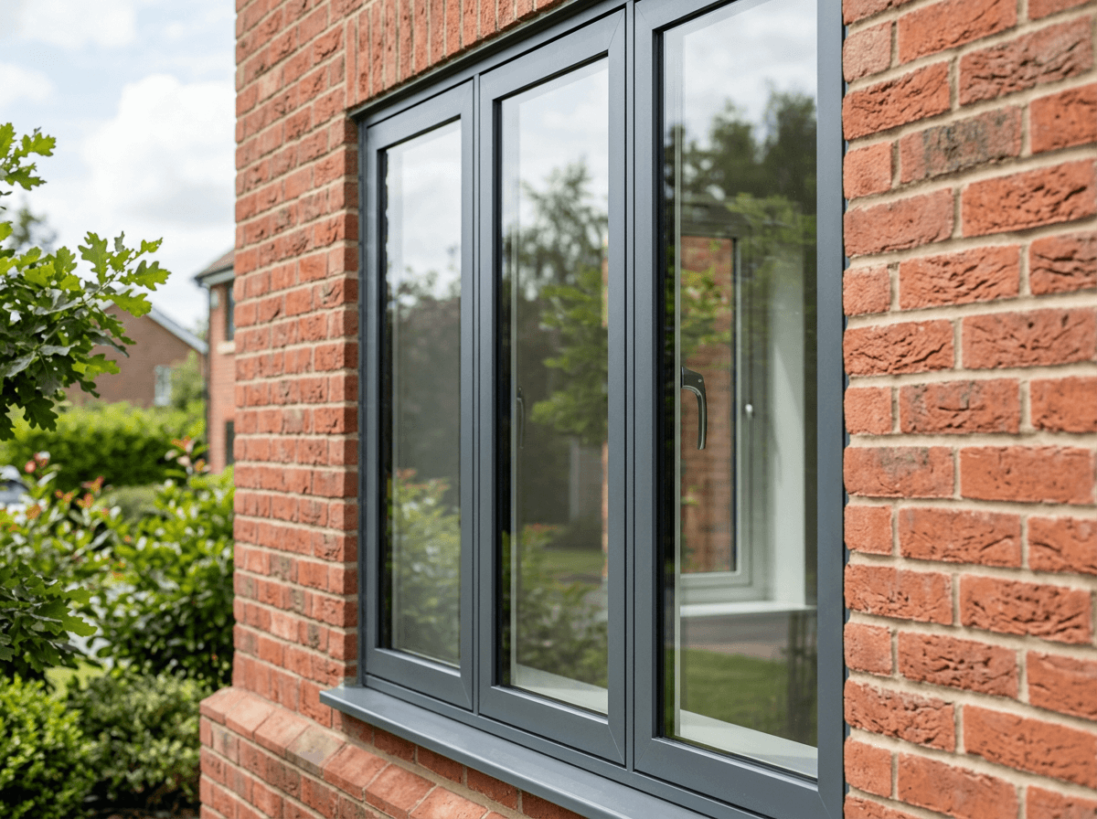 Close-up of slim-profile anthracite grey aluminium window frames on a brick house